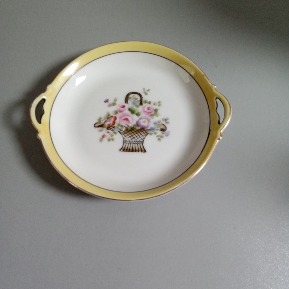 Vintage Noritake Hand Painted Floral Basket Porcelain Trinket Dish Yellow Gold